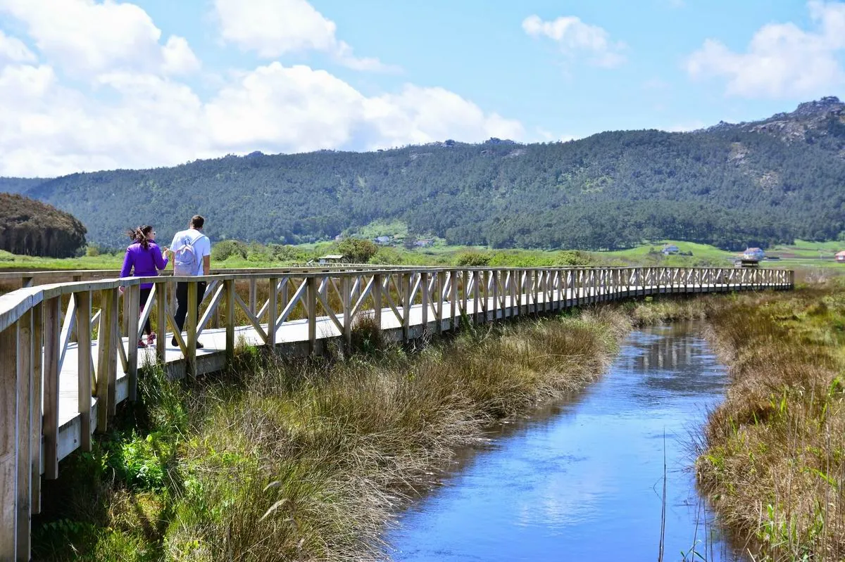 Pasarela de madera sobre la laguna de Traba, en el Camiño dos Faros